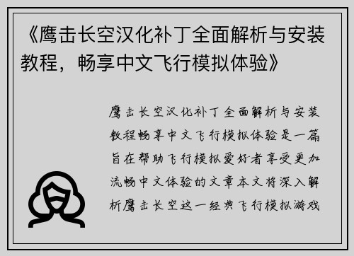 《鹰击长空汉化补丁全面解析与安装教程，畅享中文飞行模拟体验》